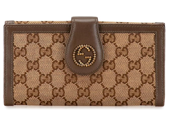 Portefeuille à deux volets en toile GG entrelacée clouté Gucci marron Cuir  ref.1388758