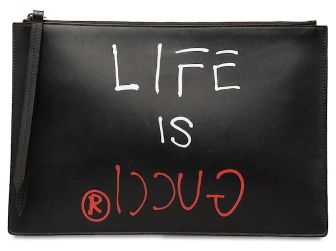 Black Gucci GucciGhost Life is Gucci Zip Pouch Clutch Bag Leather  ref.1388769