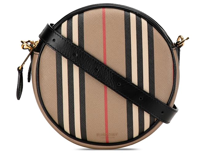 Tan Burberry Icon Stripe Canvas Louise Crossbody Bag Camel Leather  ref.1388773