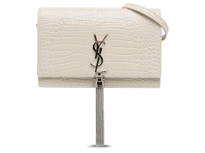 White Saint Laurent Small Embossed Kate Tassel Wallet on Chain Crossbody Bag Leather  ref.1388786