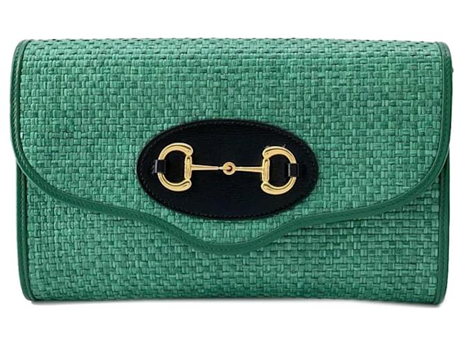 Green Gucci Raffia Horsebit 1955 Chain Bag Leather  ref.1388794