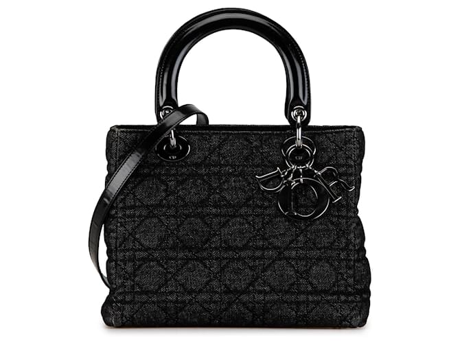 Borsa Lady Dior Dior media in denim nero Cannage Giovanni  ref.1388800