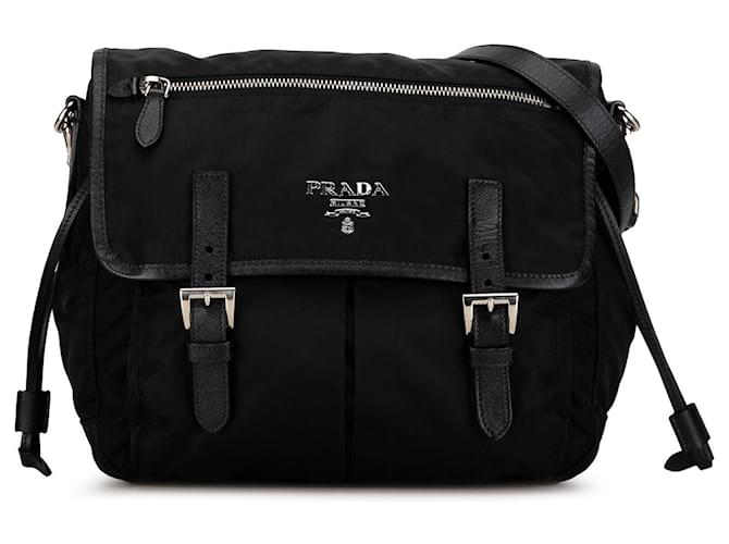 Black Prada Saffiano Trimmed Tessuto Crossbody Bag Leather  ref.1388825