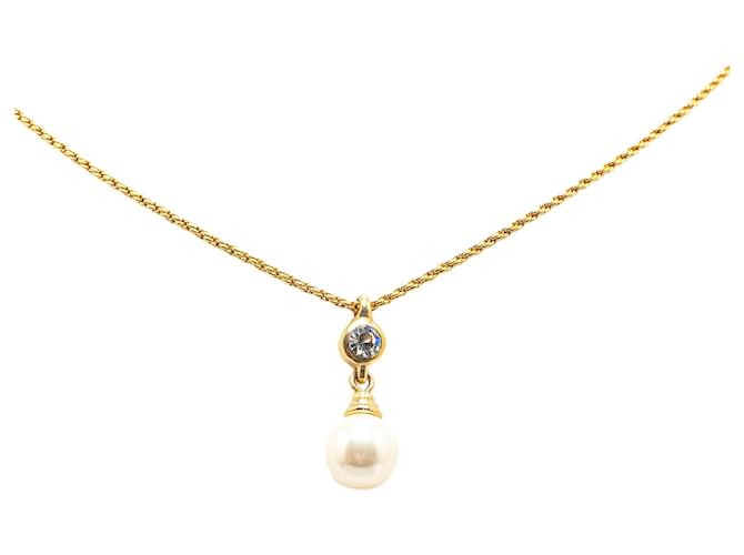 Gold Dior Faux Pearl Crystal Pendant Necklace Golden  ref.1388877