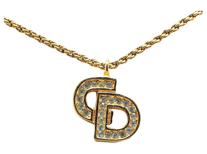 Gold Dior Logo Rhinestone Pendant Necklace Golden  ref.1388882