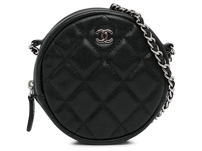 Pochette rotonda in caviale trapuntato Chanel CC nera con borsa a tracolla a catena Nero Pelle  ref.1388884