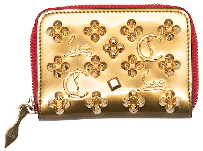 Gold & Red Christian Louboutin Studded Patent Wallet Golden Leather  ref.1388903