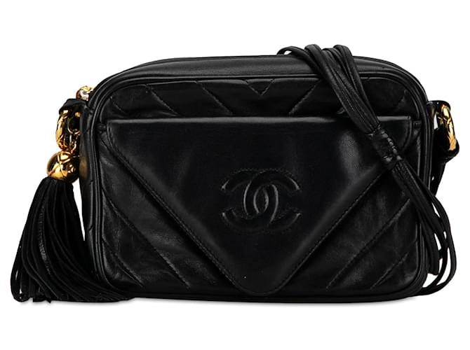 Black Chanel CC Quilted Lambskin Tassel Camera Bag Leather  ref.1388949