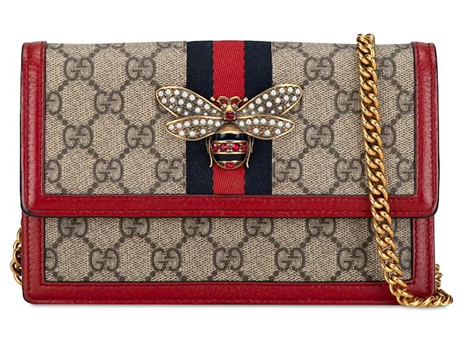 Portefeuille marron Gucci GG Supreme Queen Margaret sur sac à bandoulière en chaîne Cuir  ref.1388963