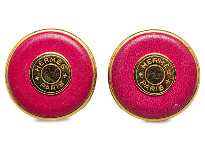 Boucles d'oreilles clips logo rond rose Hermès Cuir  ref.1388984