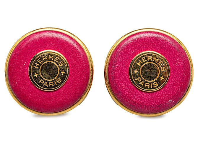 Clipe redondo com logotipo Hermès rosa em brincos Couro  ref.1388984