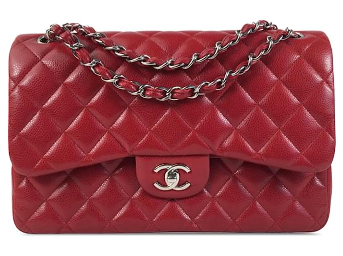 Red Chanel Jumbo Classic Caviar Double Flap Shoulder Bag Leather  ref.1389042