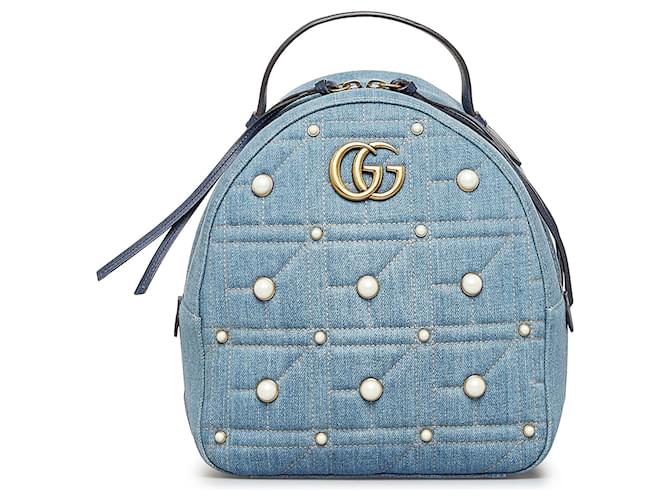 Mochila pequeña de mezclilla azul con GG Marmont y perlas de Gucci Cuero  ref.1389057