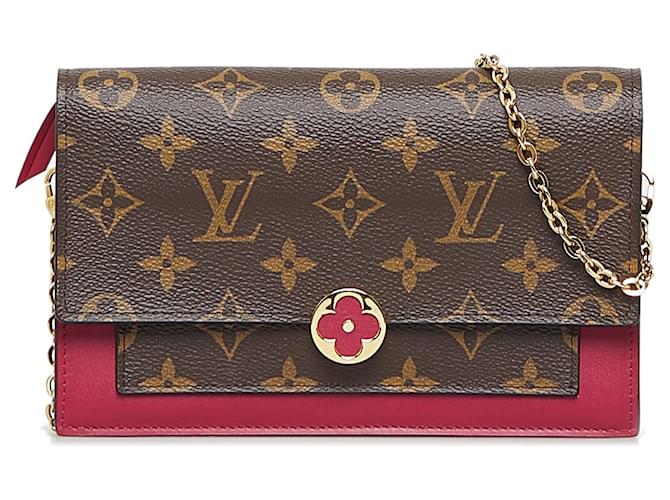 Rote Louis Vuitton-Umhängetasche „Flore“ mit Monogramm-Geldbörse und Kette Leinwand  ref.1389075
