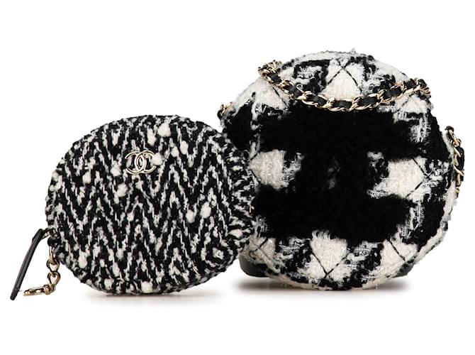Embreagem redonda Chanel Shearling Tweed branca com corrente e bolsa crossbody bolsa de moedas Branco Couro  ref.1389083
