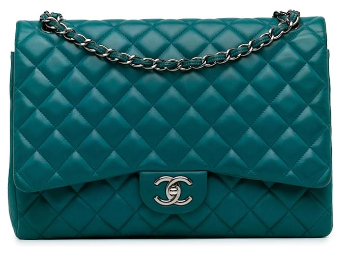 Blue Chanel Maxi Classic Lambskin Double Flap Shoulder Bag Leather  ref.1389102