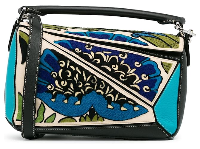 Bolso satchel pequeño con rompecabezas bordado LOEWE William de Morgan azul Cuero  ref.1389106