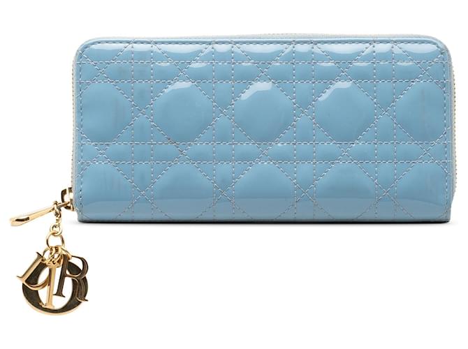 Blue Dior Patent Cannage Lady Dior Voyageur Wallet Leather  ref.1389119