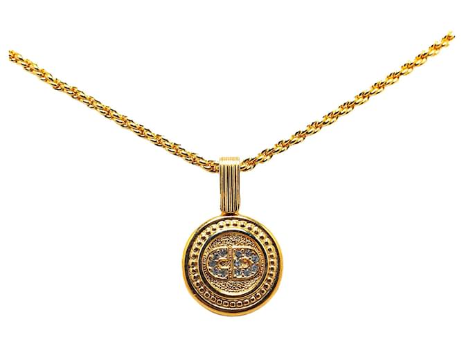 Gold Dior Logo Rhinestone Pendant Necklace Golden  ref.1389129