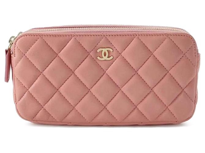 Wallet On Chain Portafoglio con zip foderato in pelle di agnello rosa Chanel CC su borsa a tracolla con catena  ref.1389132