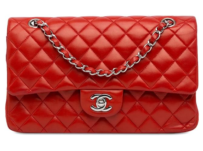 Red Chanel Medium Classic Lambskin Double Flap Shoulder Bag Leather  ref.1389145