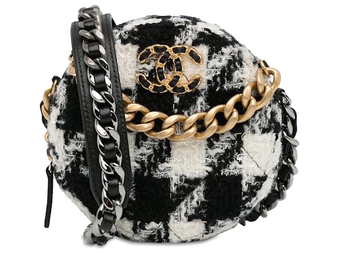 Embreagem redonda Chanel Tweed 19 branca com bolsa de corrente Branco Couro  ref.1389146