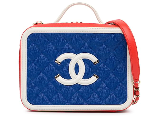 Bolsa Chanel Média Tricolor Caviar CC Azul Filigree Vanity Case Satchel Couro  ref.1389170