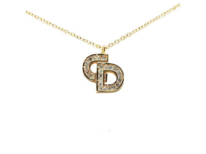 Gold Dior Logo Rhinestone Pendant Necklace Golden  ref.1389230