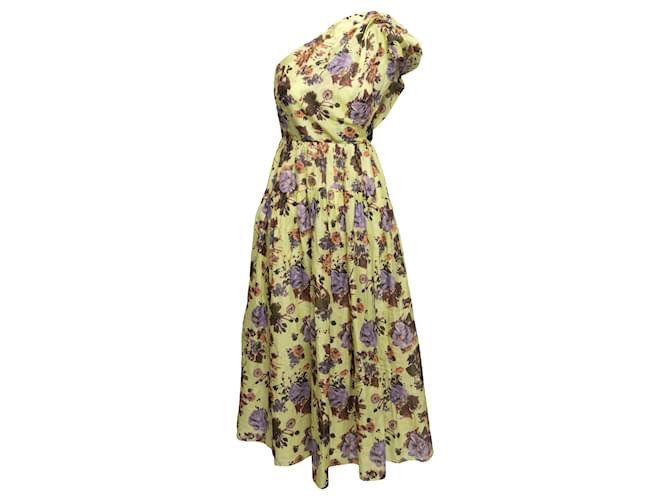 Light Yellow & Multicolor Ulla Johnson Silk Floral Print One-Shoulder Dress Size US M  ref.1389264