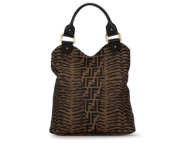 Brown Fendi Zebra Print Zucca Tote Hobo Bag Leather  ref.1389315