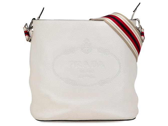 White Prada Vitello Phenix Logo Bucket Bag Leather  ref.1389364