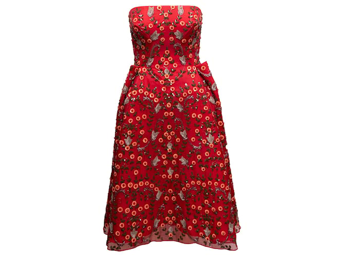 Rotes und mehrfarbiges trägerloses, verziertes Abendkleid von Zac Posen, Größe US 6 Synthetisch  ref.1389380