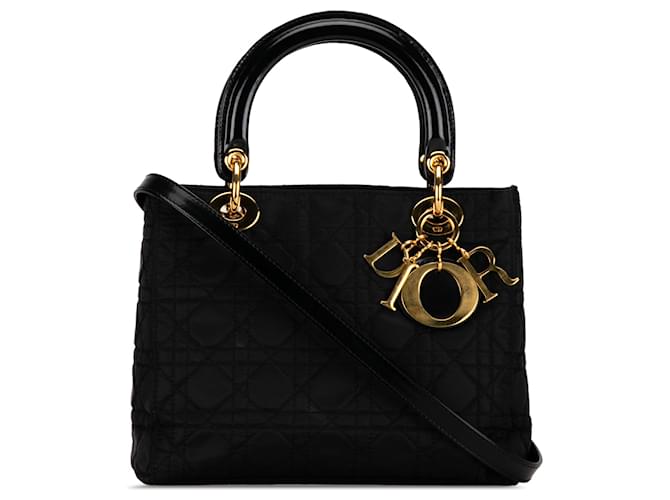 Black Dior Medium Nylon Cannage Lady Dior Satchel Leather  ref.1389388