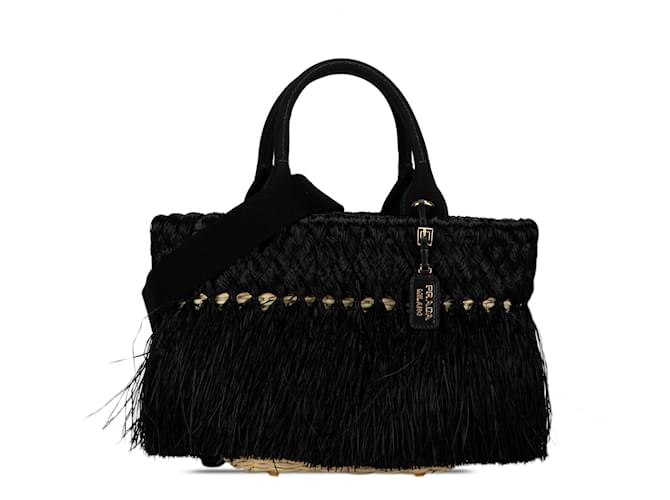 Schwarze Prada-Raffia-Umhängetasche mit Fransen Leder  ref.1389390