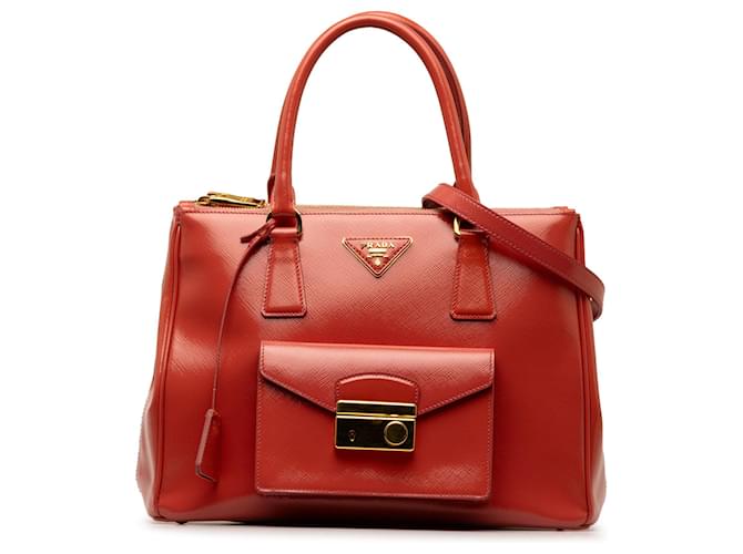 Bolso satchel rojo Prada Saffiano Lux Galleria con bolsillo delantero Roja Cuero  ref.1389415