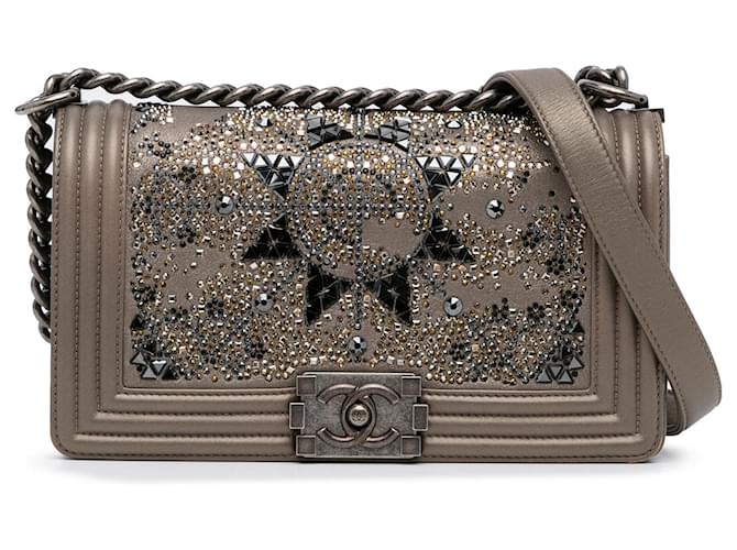 Brown Chanel Medium Crystal-Embellished Boy Shoulder Bag Leather  ref.1389428