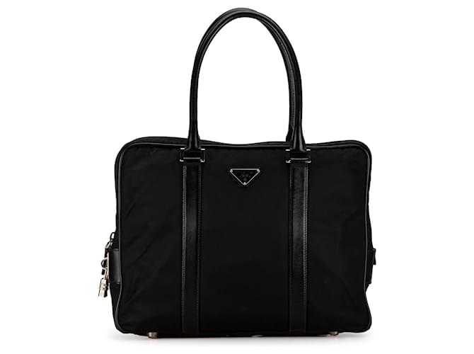 Black Prada Saffiano Trimmed Tessuto Business Bag Leather  ref.1389456