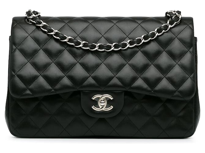 Black Chanel Jumbo Classic Lambskin Double Flap Shoulder Bag Leather  ref.1389460