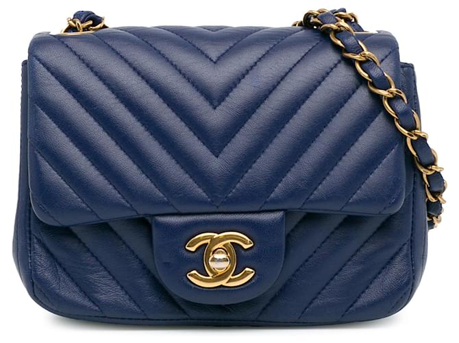 Bolsa Chanel Azul Mini Quadrada Clássica Chevron Pele de Cordeiro com Aba Única Bolsa Crossbody Couro  ref.1389511