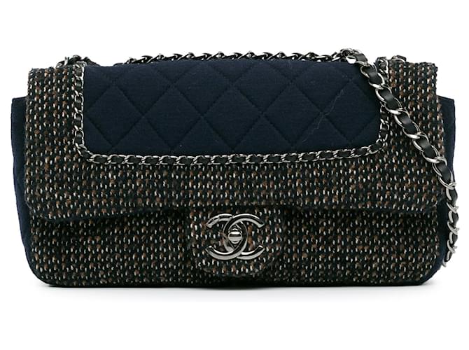 Bolsa de ombro pequena Chanel em jersey tweed da Marinha Azul marinho Couro  ref.1389513