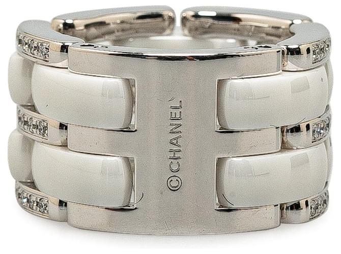White Chanel 18K White Gold Diamond Ceramic Ultra Wide Ring  ref.1389535