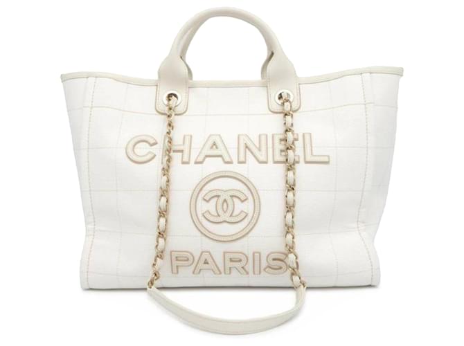 Sac cabas Deauville Shopping en toile moyenne Chanel blanc à point carré Cuir  ref.1389560