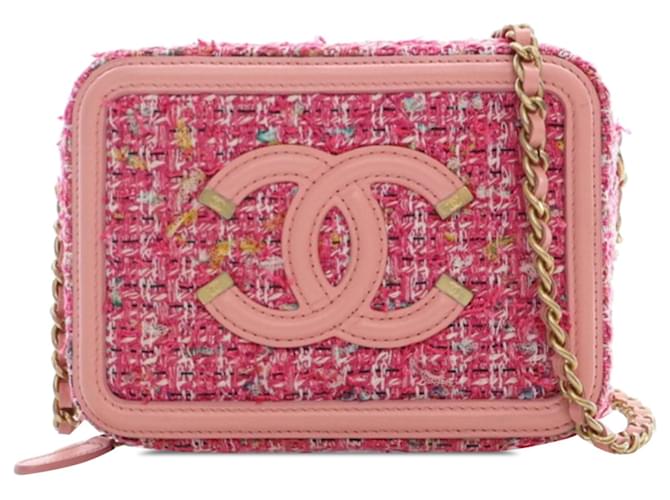 Vanity Embreagem de filigrana Chanel Tweed CC rosa com bolsa crossbody de corrente Couro  ref.1389567