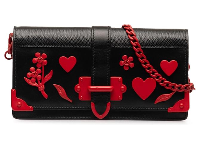 Black Prada Saffiano City Calf Cahier Heart and Flower Wallet on Chain Crossbody Bag Leather  ref.1389590