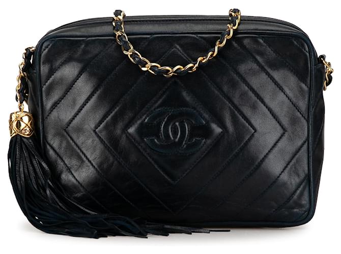 Black Chanel CC Diamond Quilted Lambskin Tassel Crossbody Leather  ref.1389681