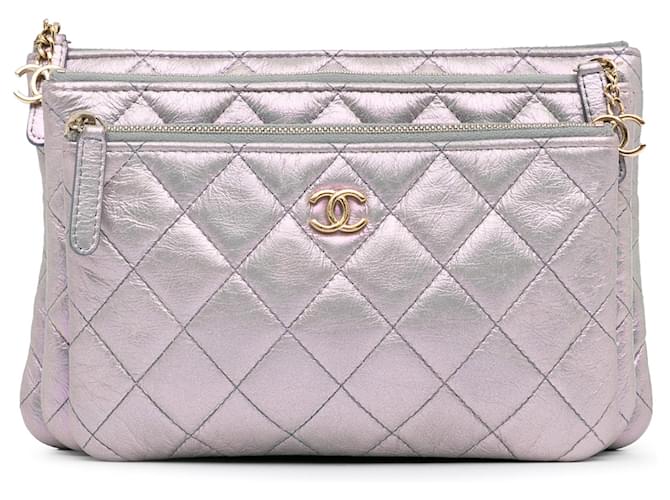 Purple Chanel Iridescent Crumpled Calfskin Trio Cosmetic Case Pouch Leather  ref.1389682
