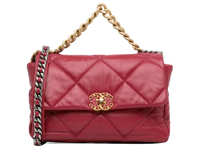 Borsa a tracolla grande Chanel rossa con 19 patte in pelle di agnello Rosso  ref.1389683