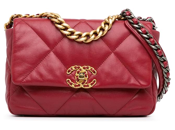 Red Chanel Medium Lambskin 19 Flap Satchel Leather  ref.1389690