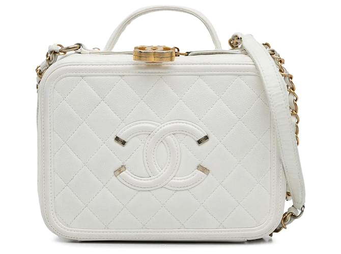 White Chanel Medium Caviar Filigree Vanity Case Satchel Leather  ref.1389697