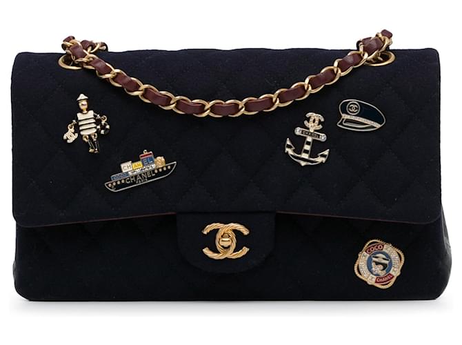 Black Chanel Medium Classic Wool Paris-Hamburg Charms Double Flap Shoulder Bag  ref.1389725